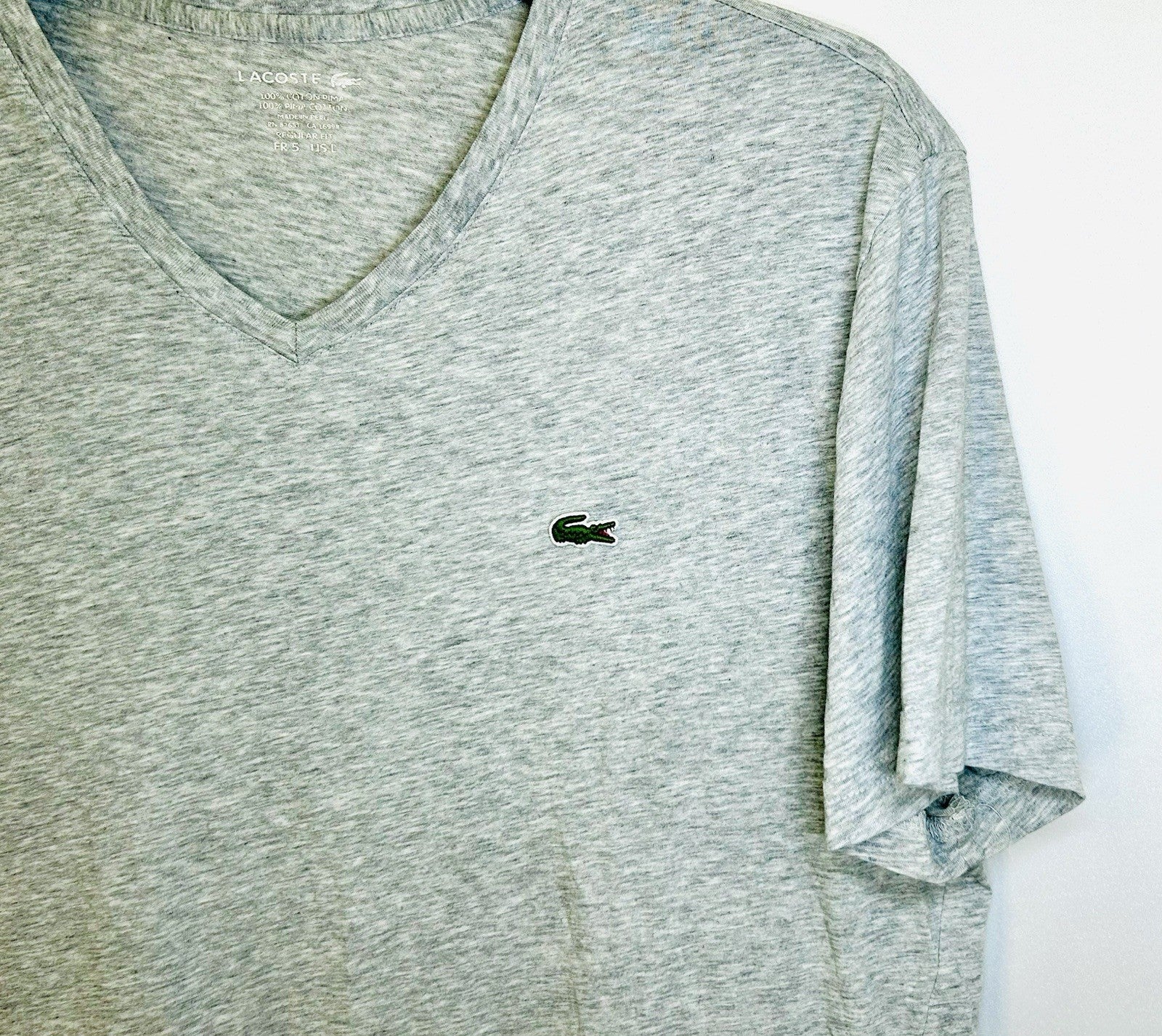 LACOSTE Pima Cotton GREY HEATHER V-Neck T-Shirt French , US Large