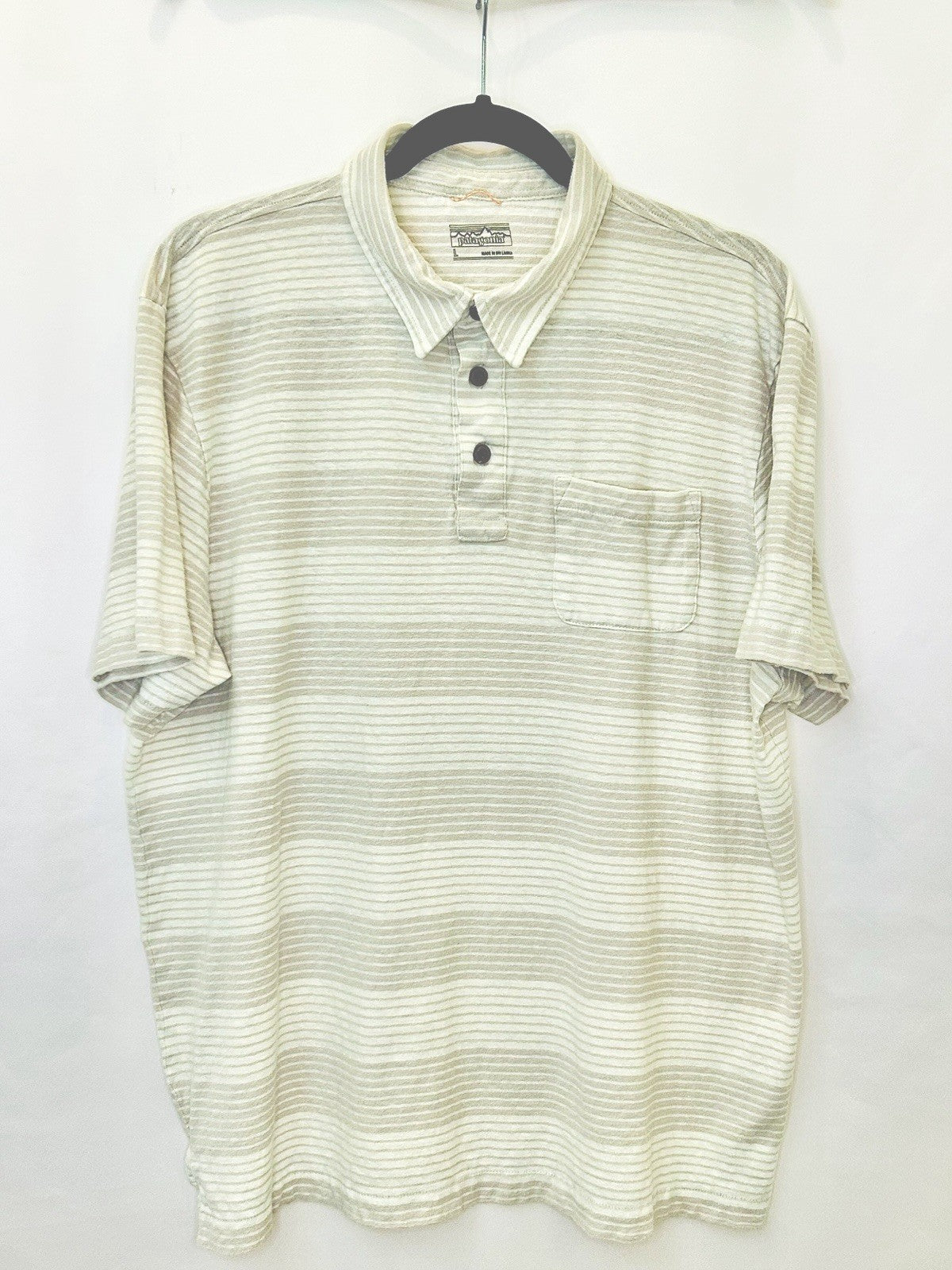 Patagonia Mens Large Trail Harbor Beige Striped Hemp Cotton Golf Polo Shirt