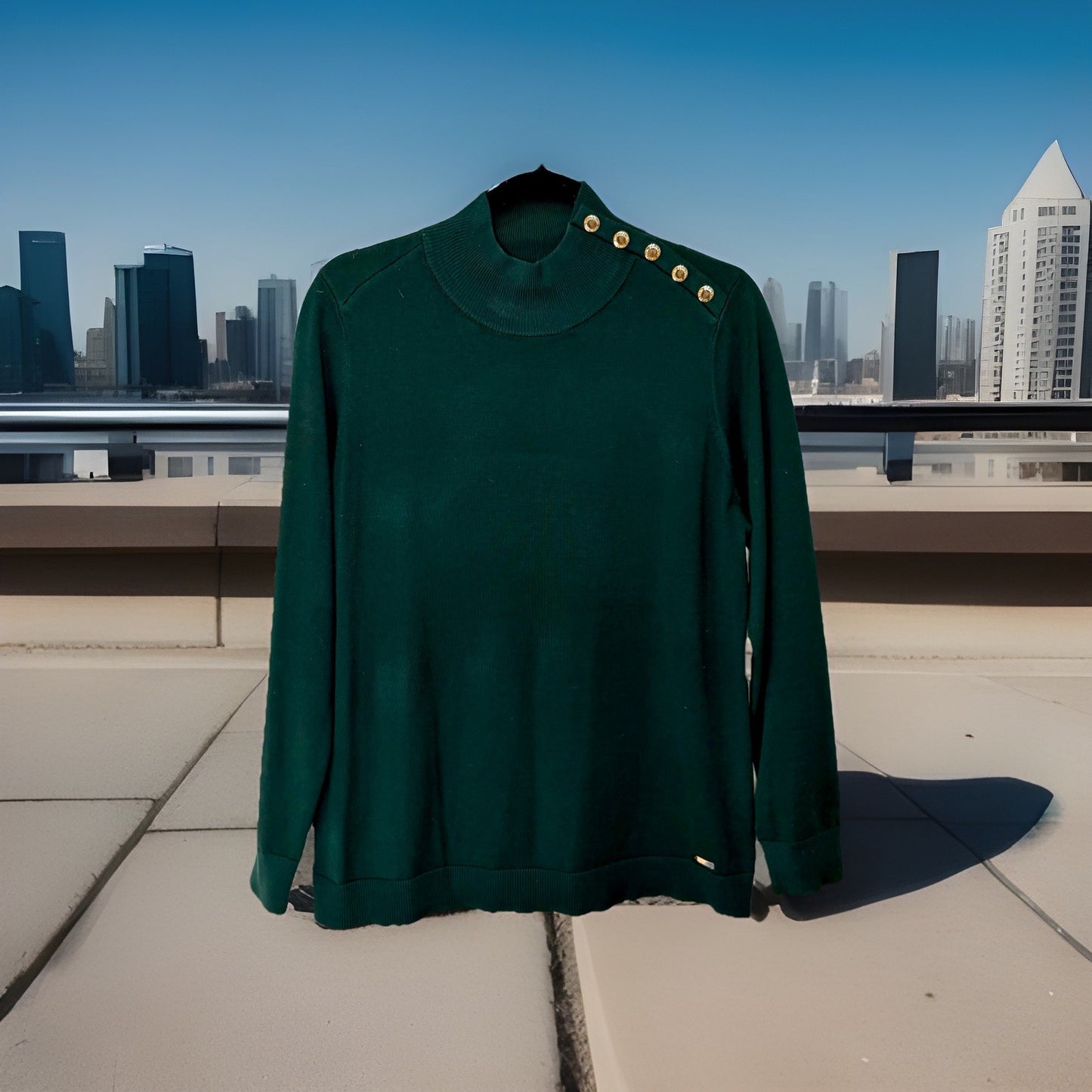 Calvin Klein Womens Turtleneck Dark Green Sweater Long sleeve M Gold Buttons