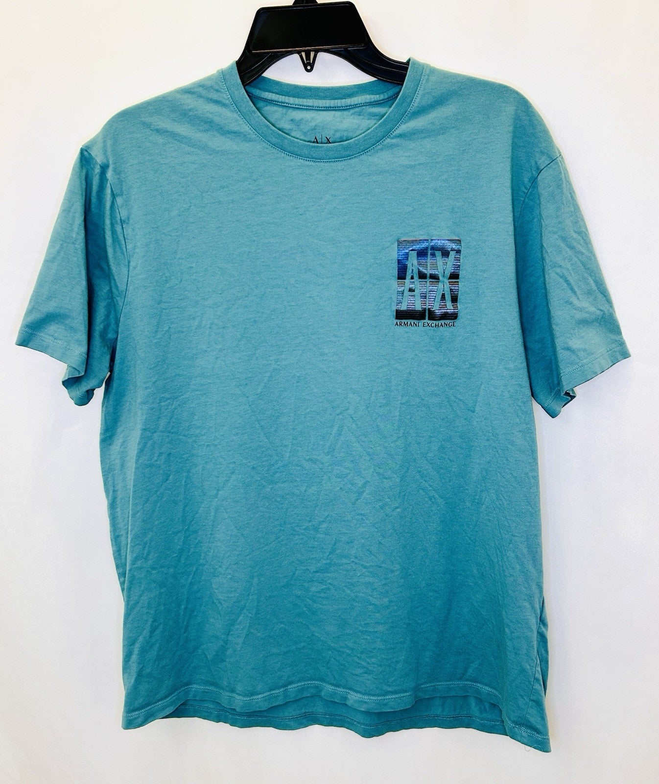 Armani Exchange Men Size XL Graphic Crew T-Shirt Blue Cotton Geometric Authentic