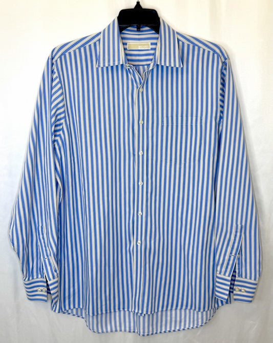 MICHAEL KORS Mens Button-Up Dress Shirt Large 16.5 34/35White Blue Stripe Cotton