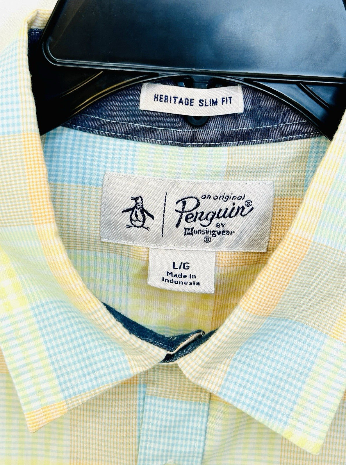 Men's PENGUIN Multicolored Plaid Cotton Short Sleeve Button Up Shirt Size Large