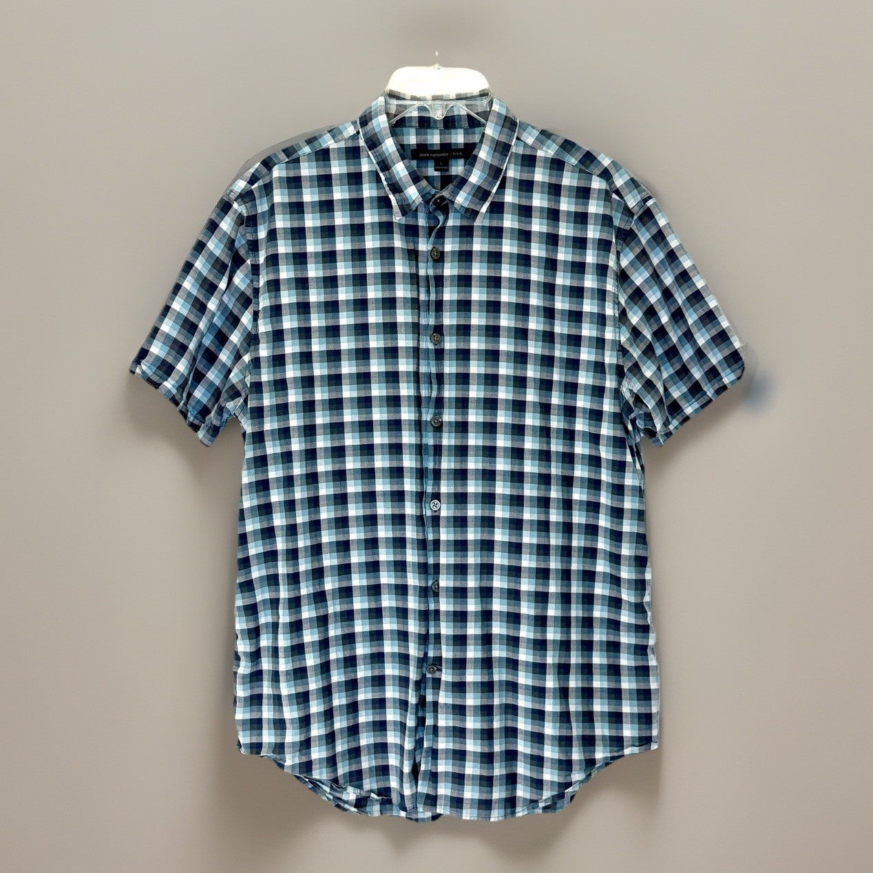 John Varvatos USA Mens Size Large Blue Check Short Sleeve Button Up Shirt