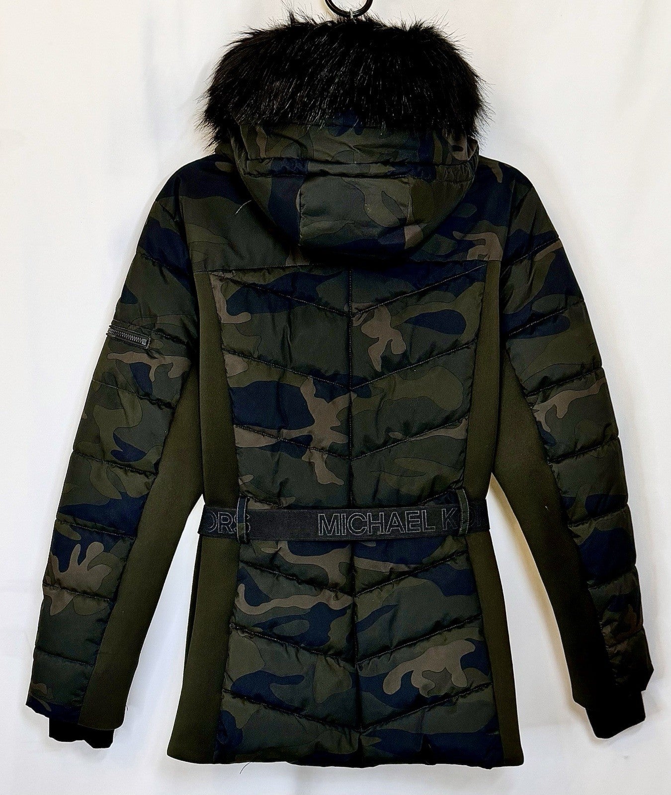 Michael Kors Camo Puffer Faux Fur Trim Hooded Coat Jacket Belted Size Large NWOT