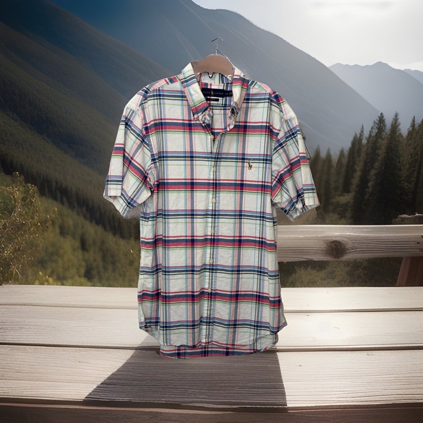 Ralph Lauren Shirt Mens Large L Slim Fit Plaid Short Sleeve Multicolor Cotton