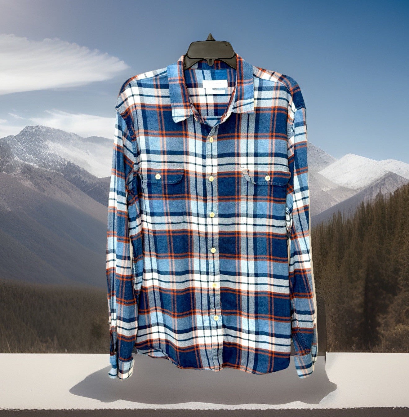Lucky Brand Men's XL Flannel Shirt Classic Fit Blue Orange Plaid Double Pocket