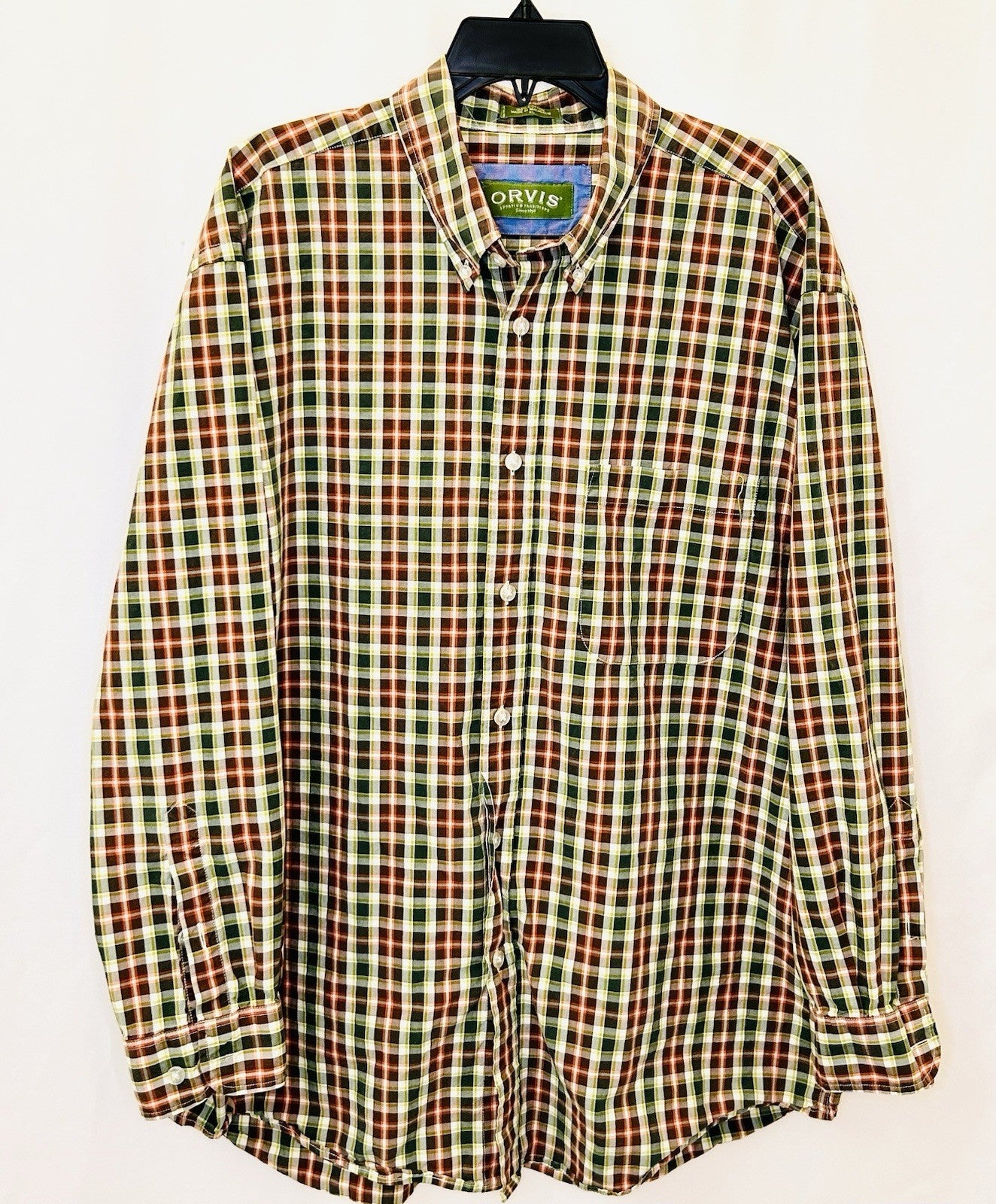 Orvis 100% Cotton Plaid Long Sleeve Button Down Shirt (Men's XL) Brown