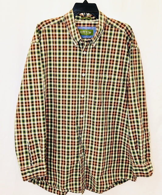Orvis 100% Cotton Plaid Long Sleeve Button Down Shirt (Men's XL) Brown