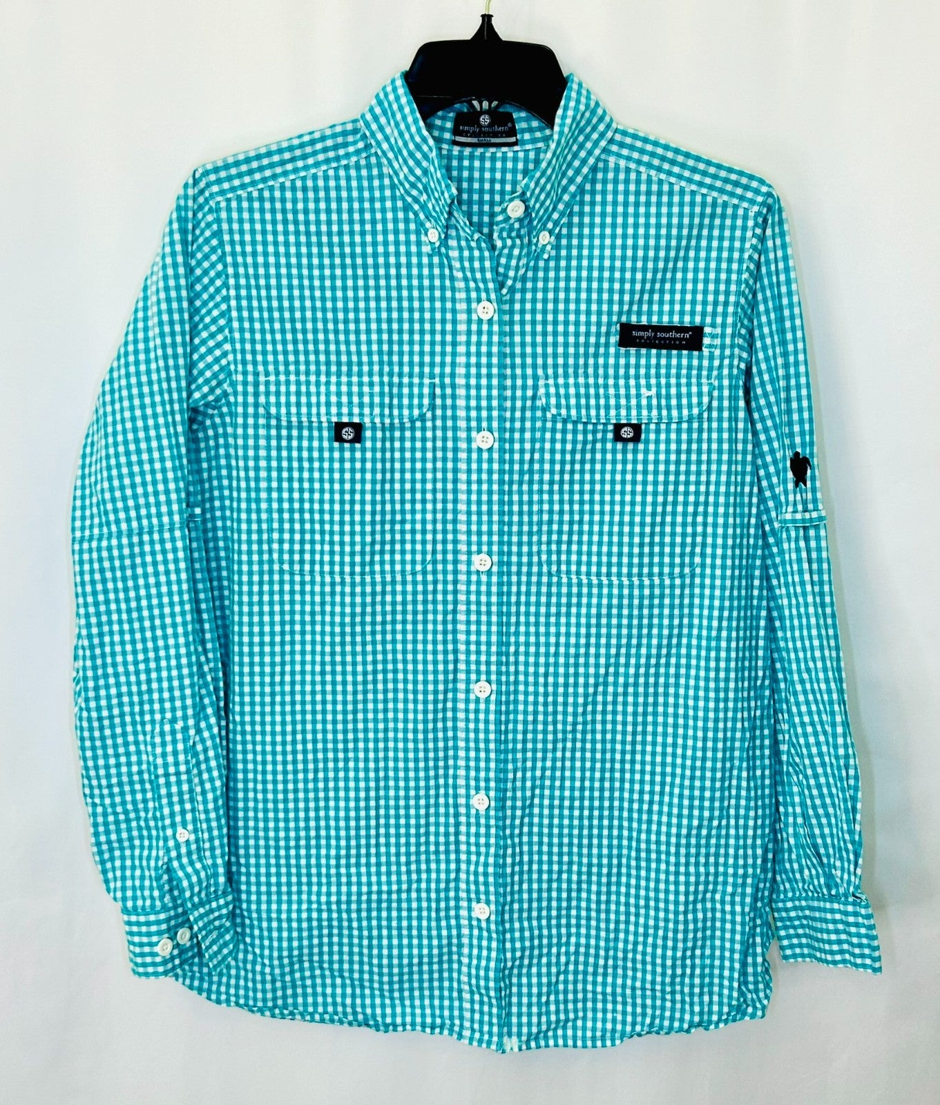 Simply  Southern Button Down Shirt Mens Small Teal Green Plaid Logo Collared L/S