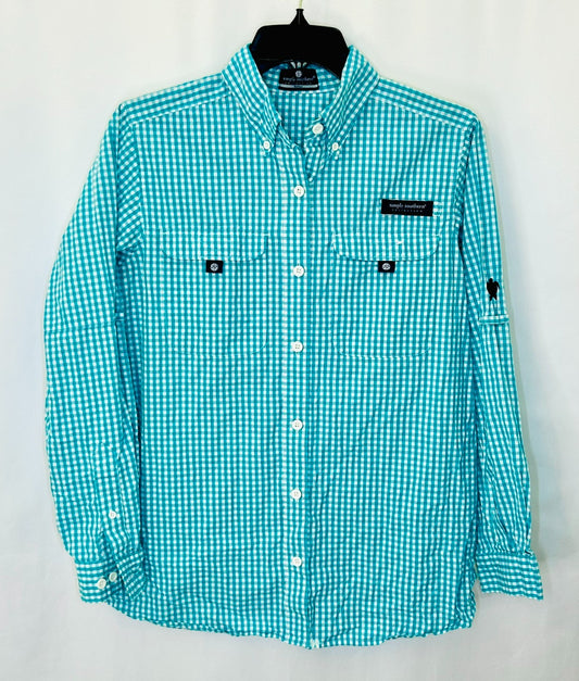 Simply  Southern Button Down Shirt Mens Small Teal Green Plaid Logo Collared L/S