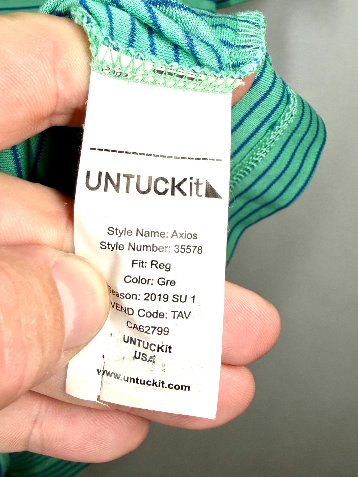 UNTUCKit Shirt Mens Large Axios Green Blue Striped 100% Cotton Polo Short Sleeve