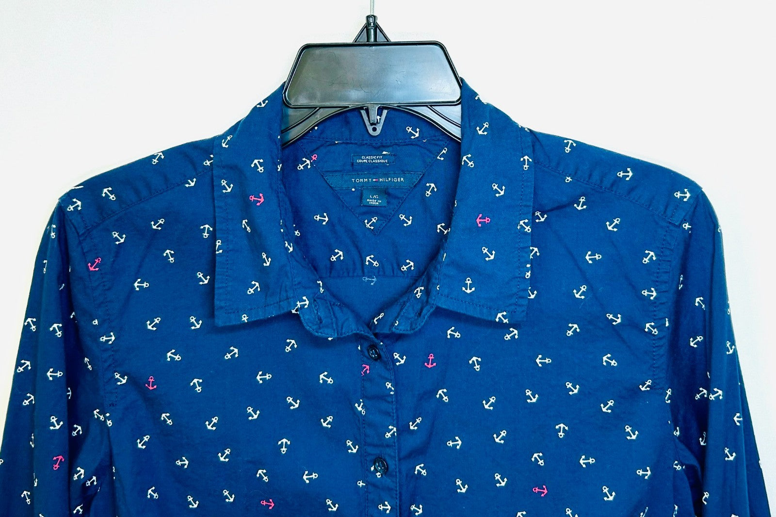 Tommy Hilfiger Women's Large Blue Button Up Shirt Anchor Print Top Long Sleeve