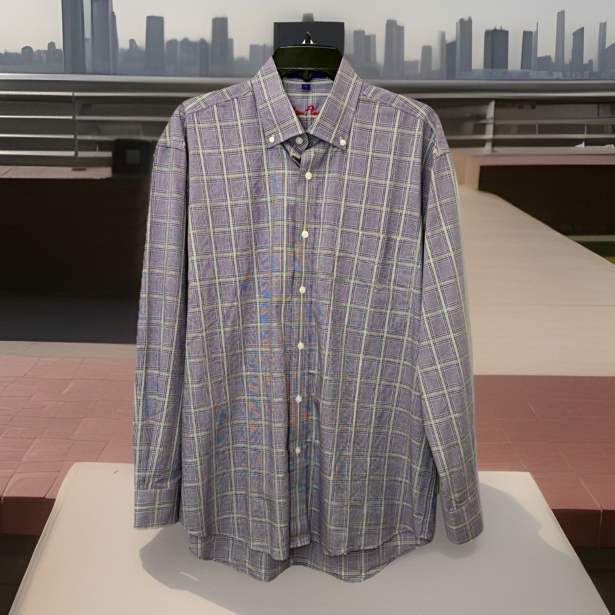 Alan Flusser Men's L Purple Lavender Plaid Check Button Up Long Sleeve Shirt