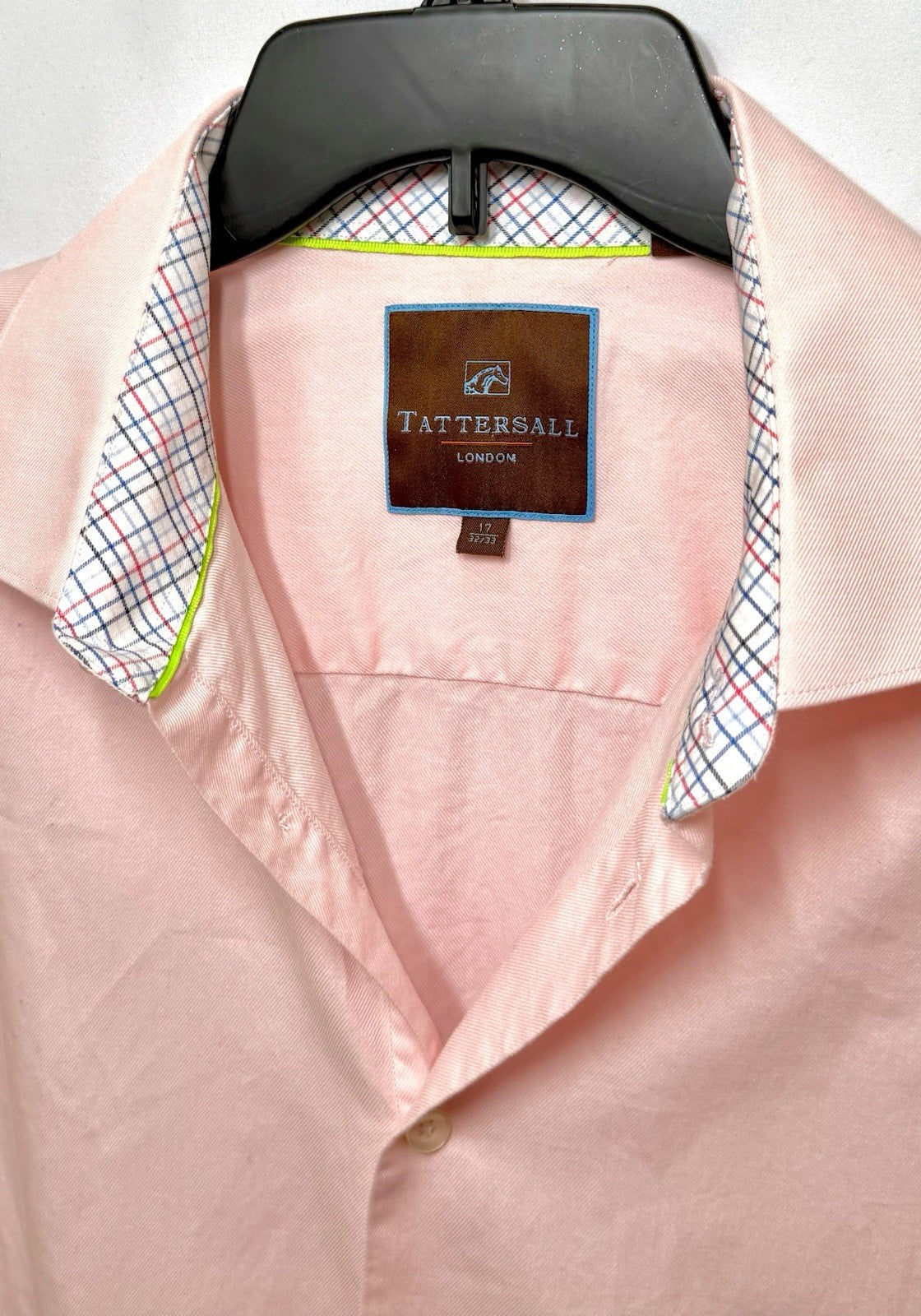 Tattersal London shirt men's large 17 32-33 pink white check long sleeve