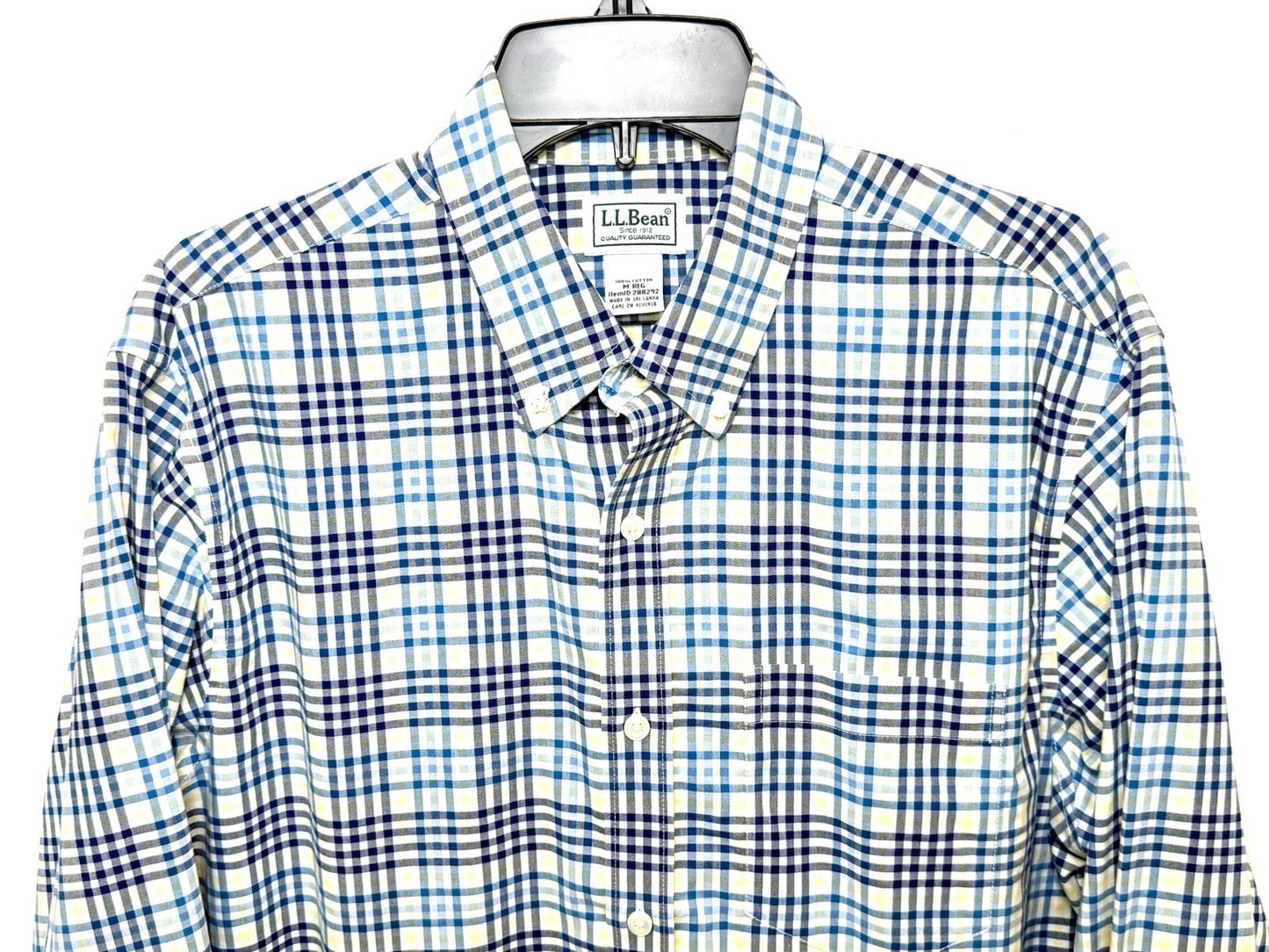 LL Bean Shirt Mens Medium White Blue Yellow Plaid Button Up Long Sleeve Cotton