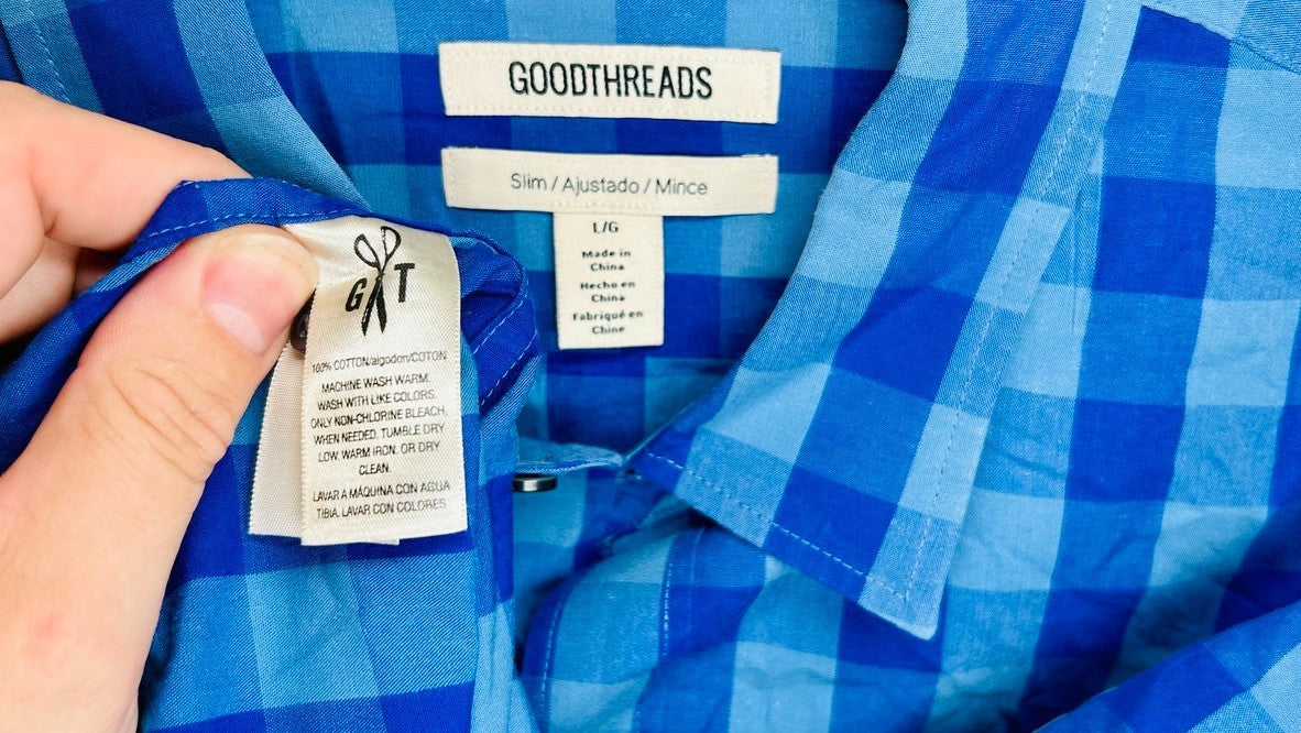 Goodthreads Mens Button Up Shirt  Large Blue Checkered Slim Fit Casual Cotton