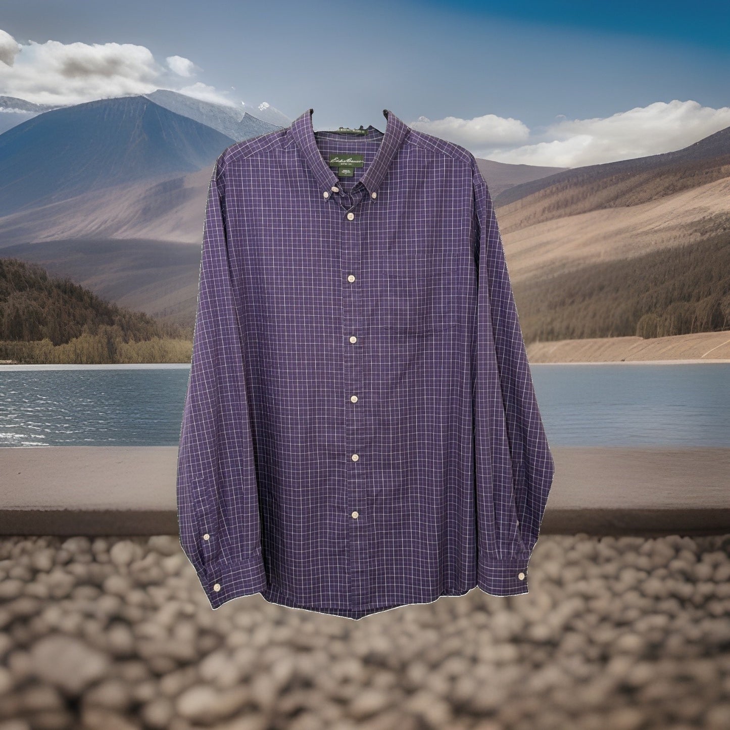 Eddie Bauer Mens Shirt XL Purple Windowpane Grid Wrinkle Resistant Relaxed Fit