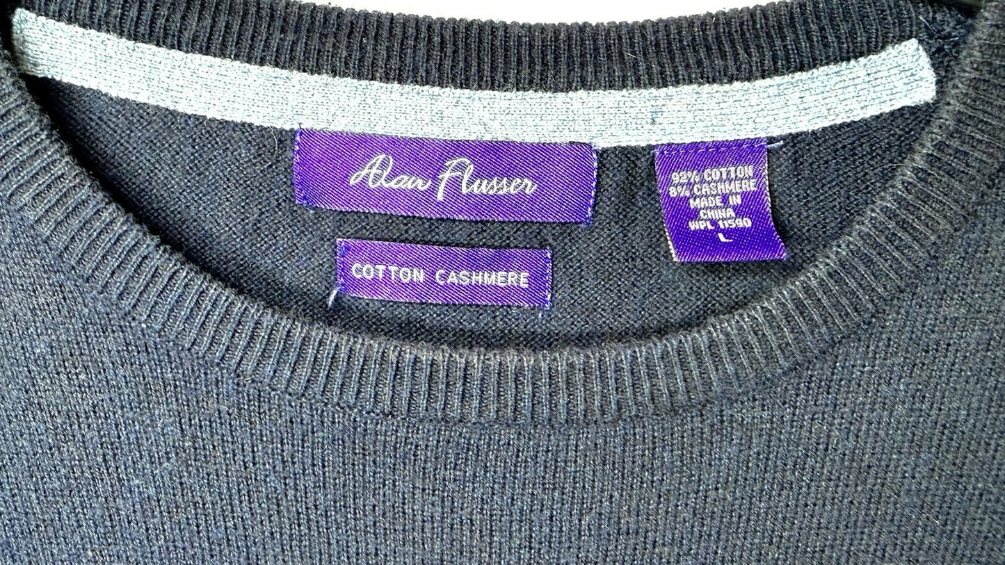 Alan Flusser Men’s Large Pullover Sweater Cotton Cashmere Blue Argyle Crew Neck
