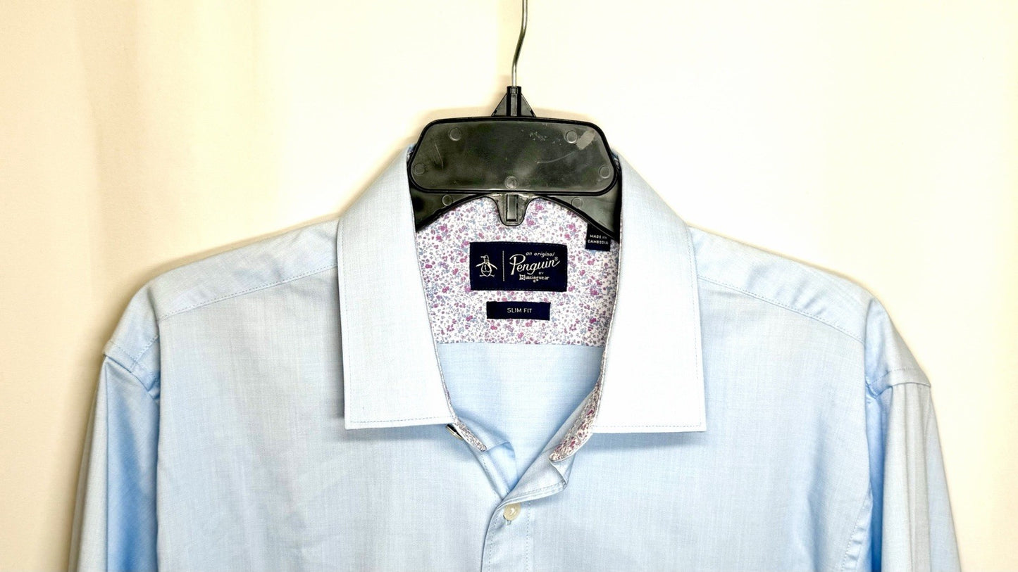 Original Penguin Shirt Mens 16 32/33 Light Blue Heritage Slim Fit Stretch Shirt