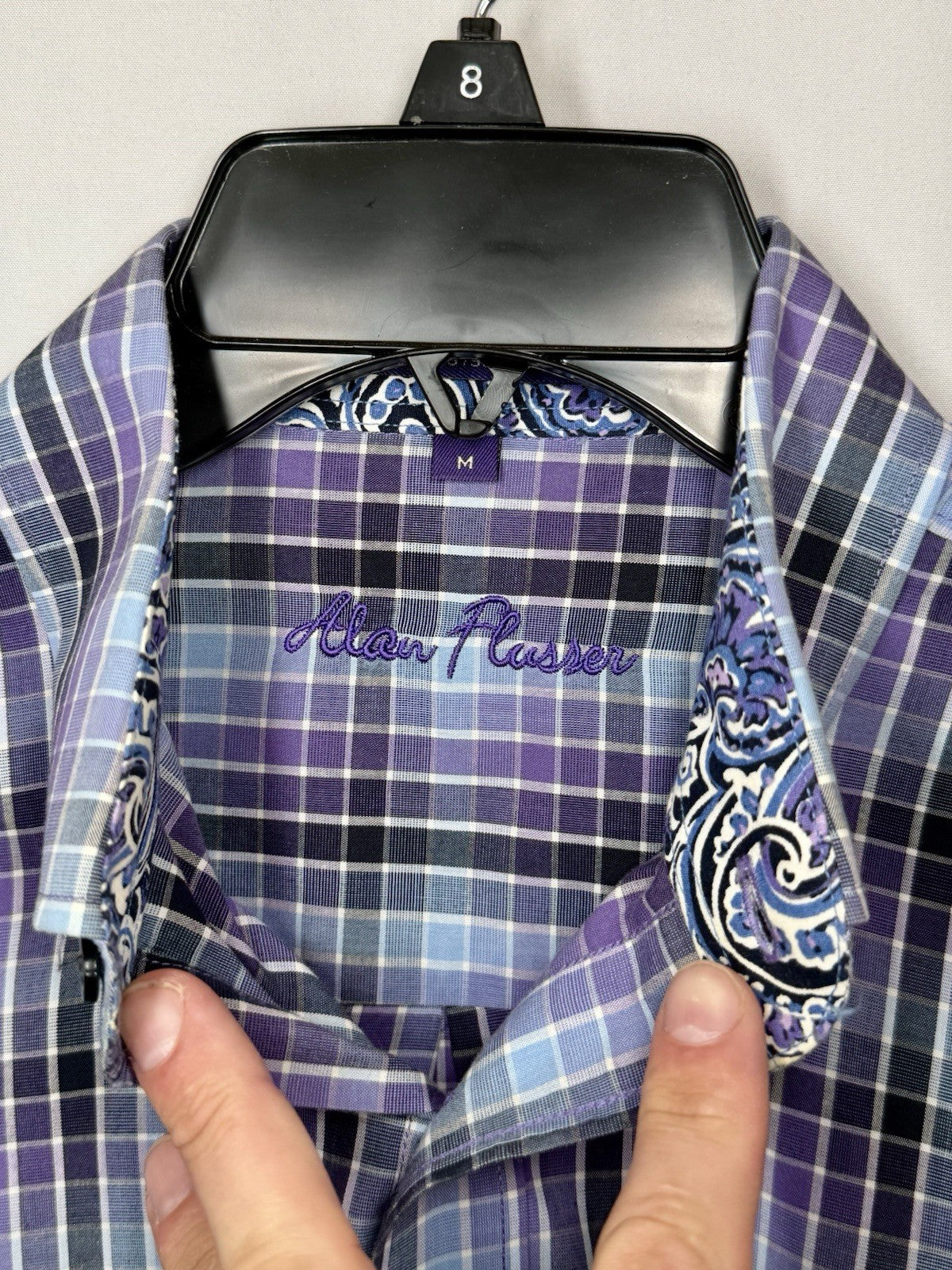 Alan Flusser Mens Medium M Purple Plaid Paisley Trim LS Button Front Sport Shirt