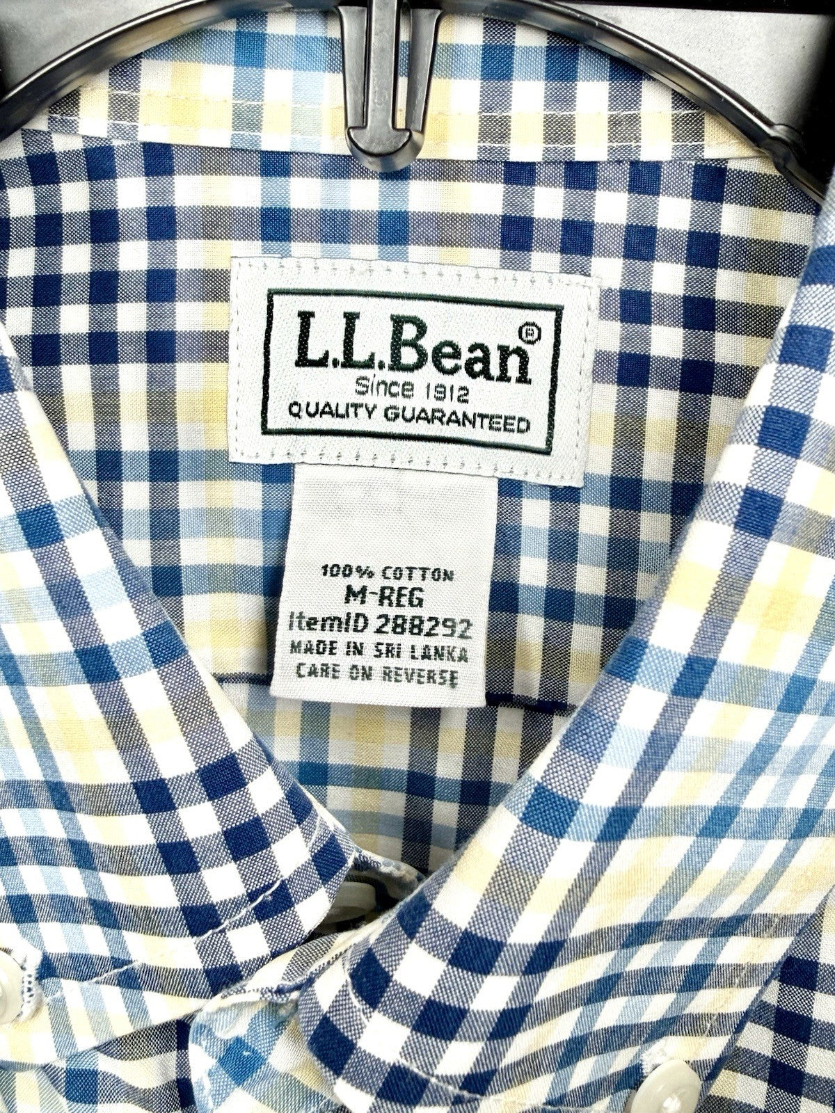 LL Bean Shirt Mens Medium White Blue Yellow Plaid Button Up Long Sleeve Cotton