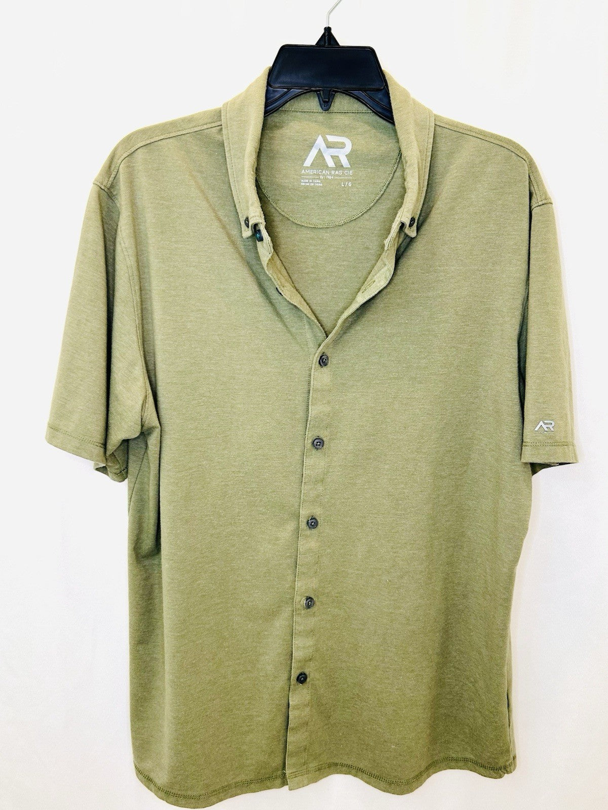 American Rag Mens Shirt Short Sleeve Snap Button Up Military Collar Green Sz L 