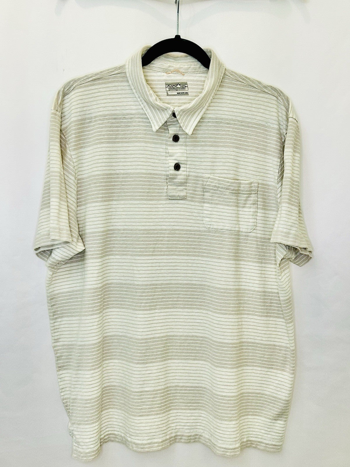 Patagonia Mens Large Trail Harbor Beige Striped Hemp Cotton Golf Polo Shirt
