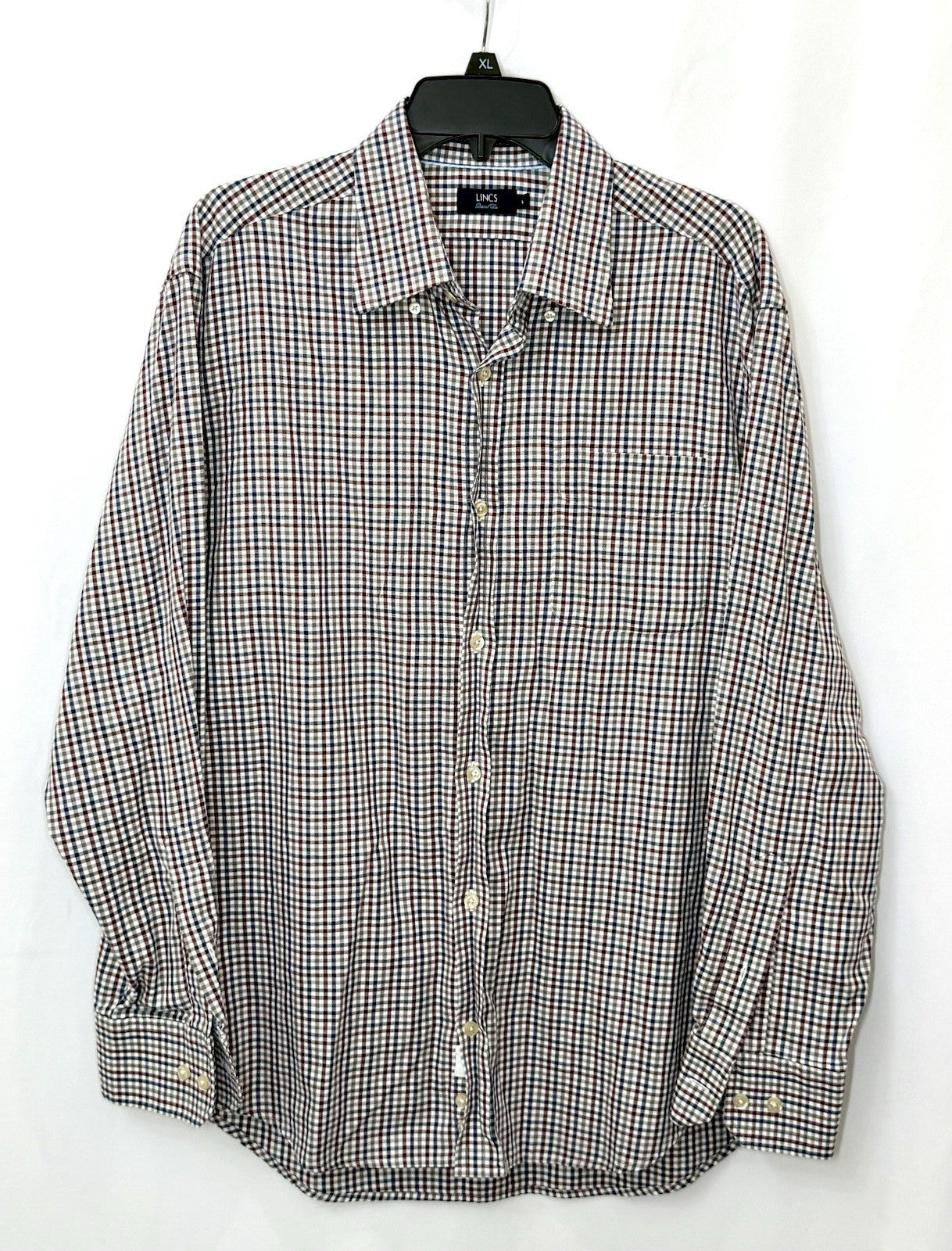 Lincs by David Chu Men’s Large L/S Button Down Shirt Red Blue Plaid Cotton