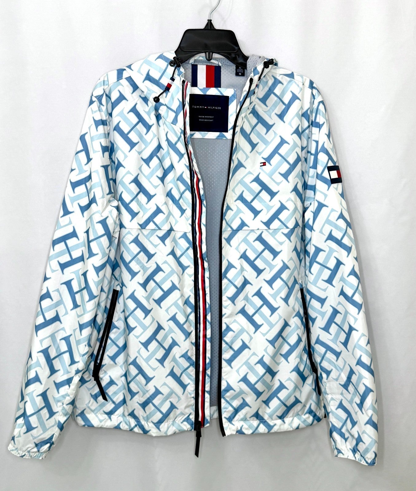 Tommy Hilfiger Womens M Windbreaker Jacket Hooded Monogram Print Water Resistant