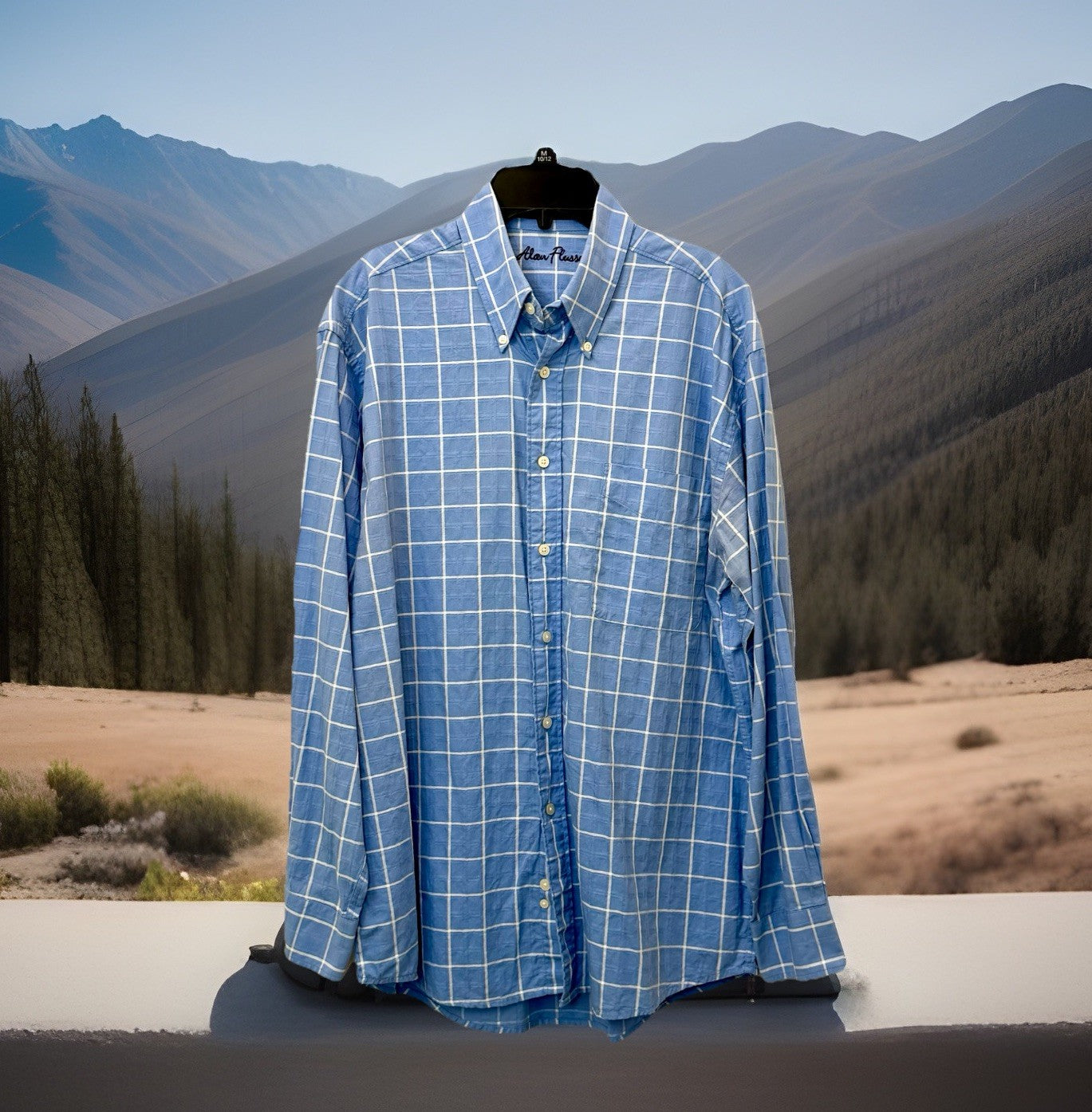 Alan Flusser Men’s Medium Blue Checkered Button Up Mens Shirt Plaid L/S Cotton