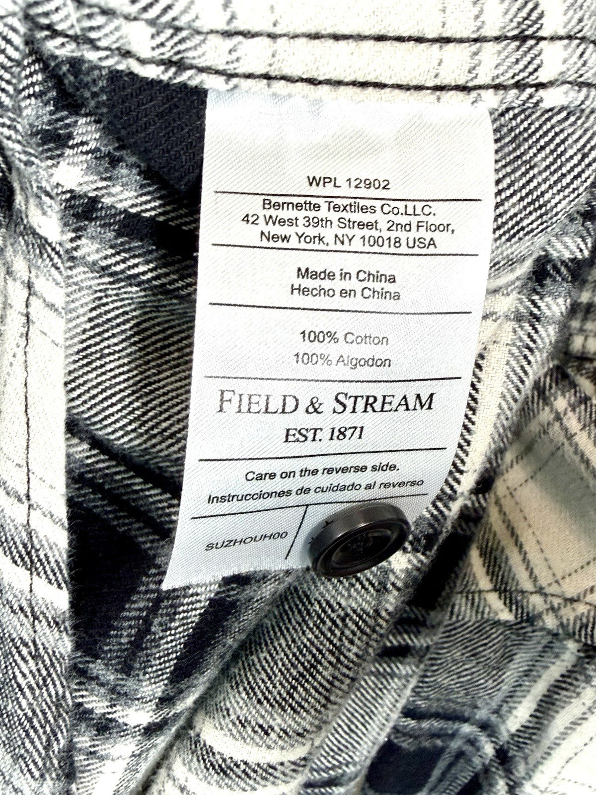 FIELD & STREAM Mens XL Flannel Shirt Black White Plaid Long Sleeve Heavyweight