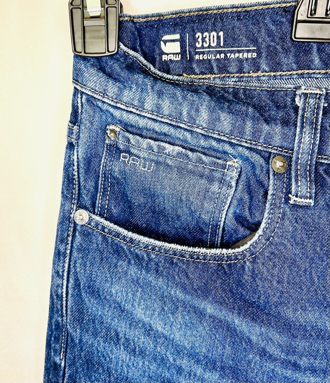 G-Star Raw Jeans Men’s 34x32 Blue Denim Slim 3301 Regular Tapered