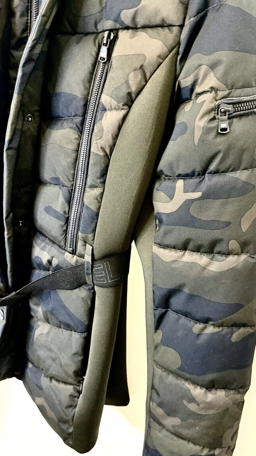 Michael Kors Camo Puffer Faux Fur Trim Hooded Coat Jacket Belted Size Large NWOT