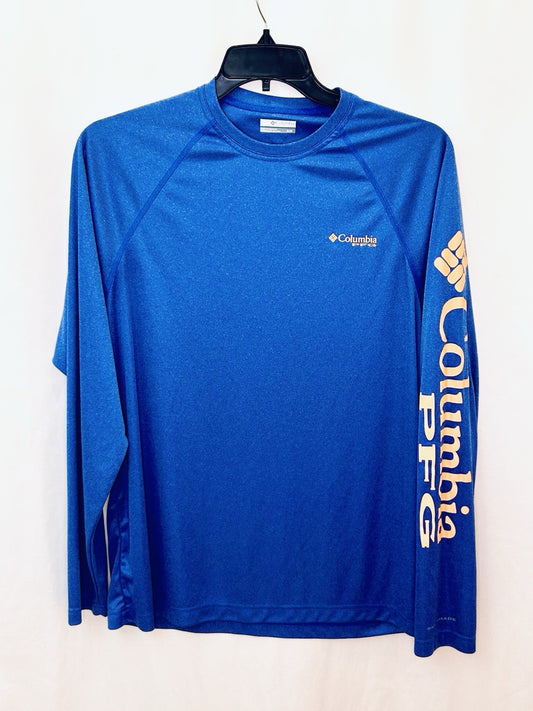 Columbia PFG Men’s Medium Performance Long Sleeve Spell Out Blue Omni Shade