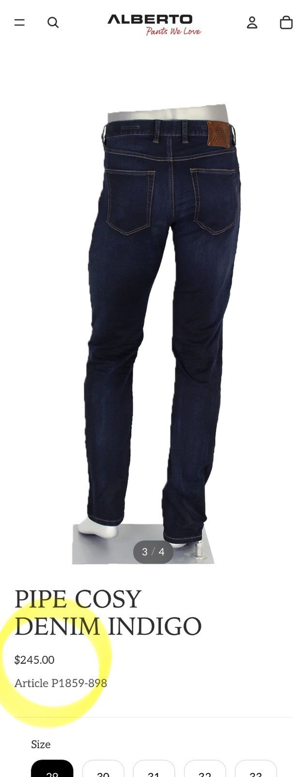 Alberto Pipe Regular Slim Fit Denim Blue Dark Wash 38x30 (Tag 38x34) $245 Retail