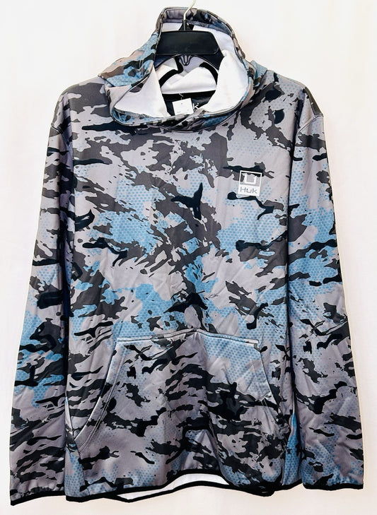 NWT Huk Coldfront+ Performance Logo Hoodie Men’s XL Blue/Grey Camo Pattern