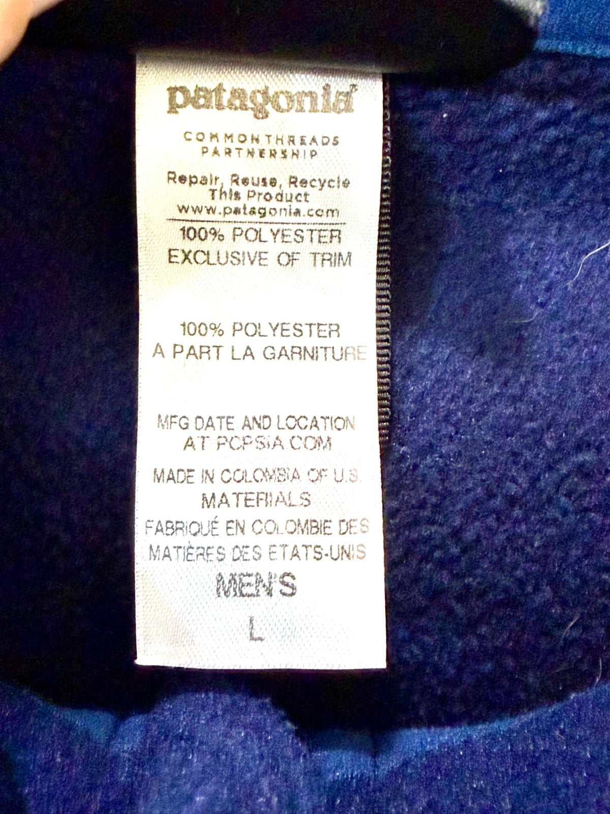 Patagonia Men's Large Blue Simple Synchilla Full Zip Fleece Jacket