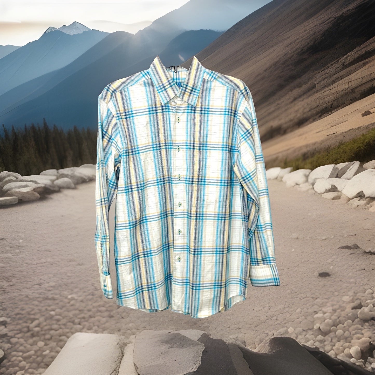 Alan Flusser Men's Size S Plaid Button Down Shirt Long Sleeve 100% Cotton Blue
