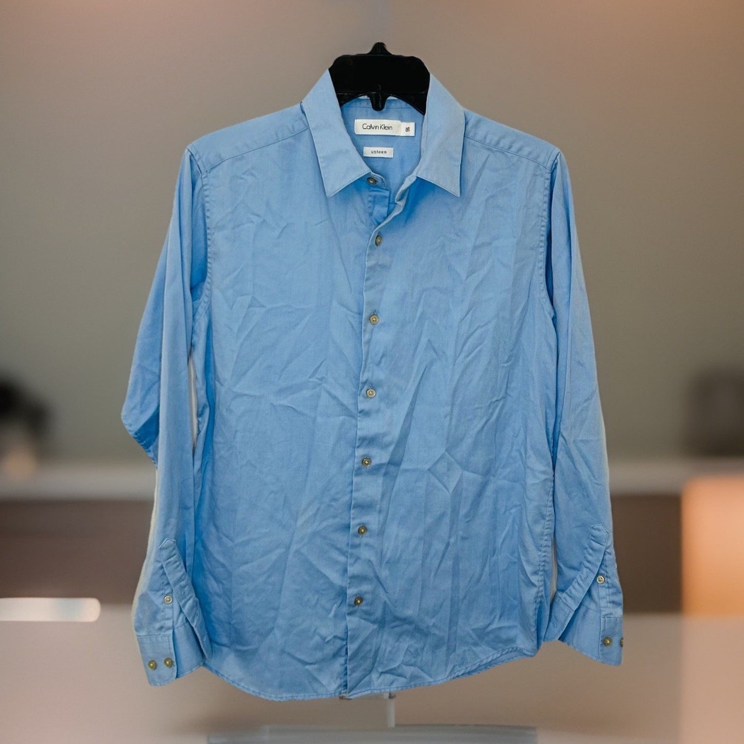 Calvin Klein Boys' Sateen Long Sleeve Slim Fit Dress Shirt Blue Size 16