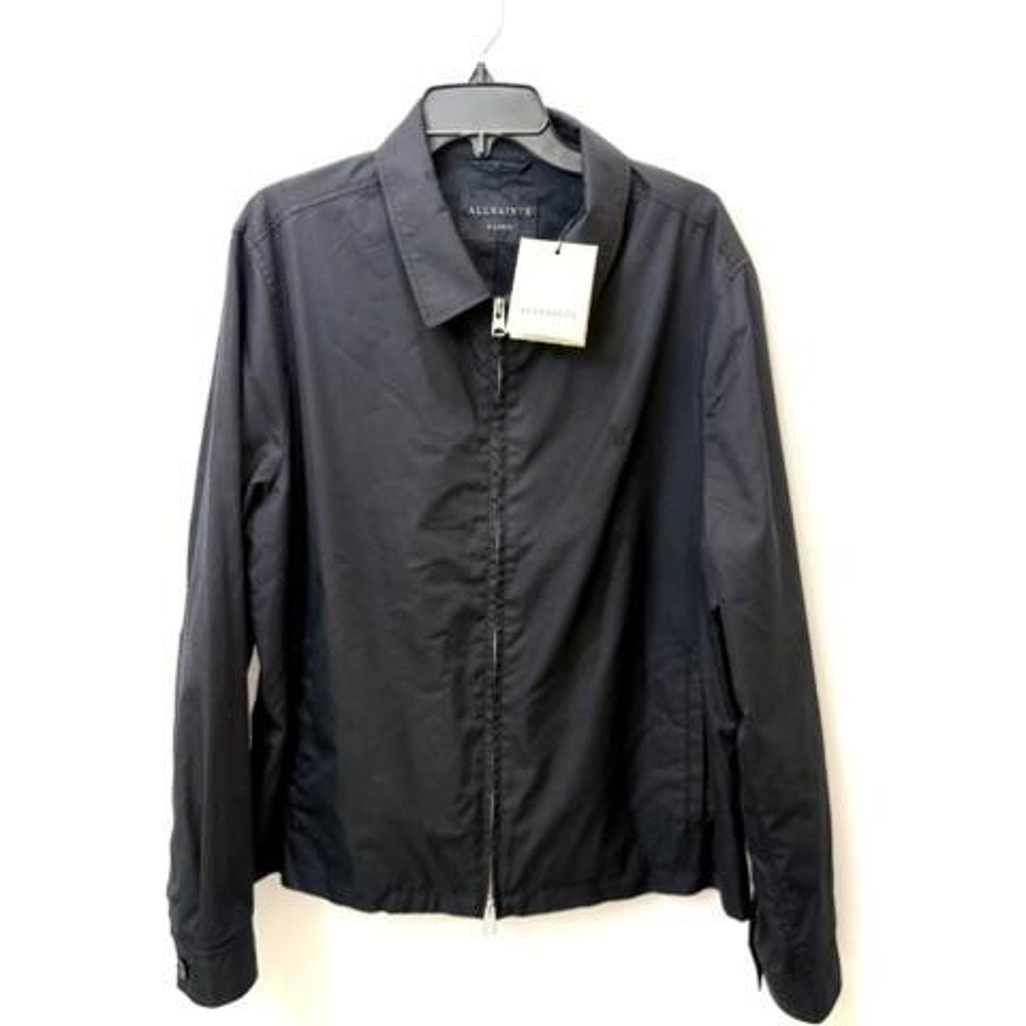 AllSaints Trey Jacket Mens XL Jet Black Cotton Blend Full Zip Harrington Coat