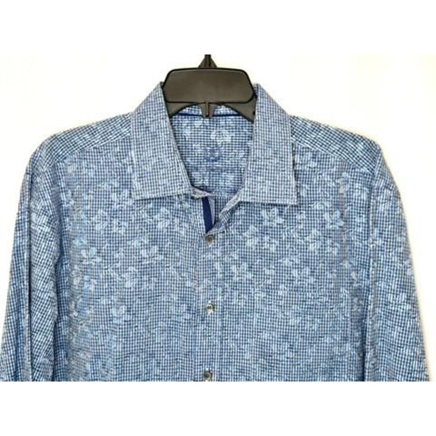 Bugatchi Uomo Shirt Mens Large Blue Gingham Floral Long Sleeve Shaped Fit Cotton