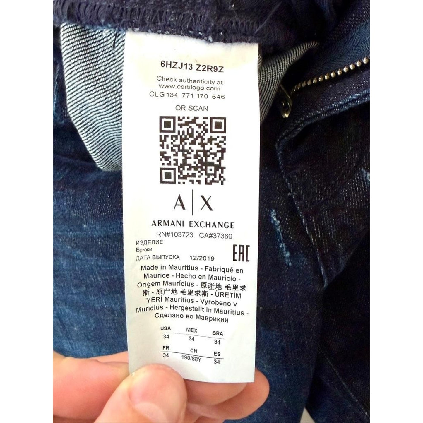 Armani Exchange J13 Slim Jeans Mens Size 34 Dark Wash Blue Denim