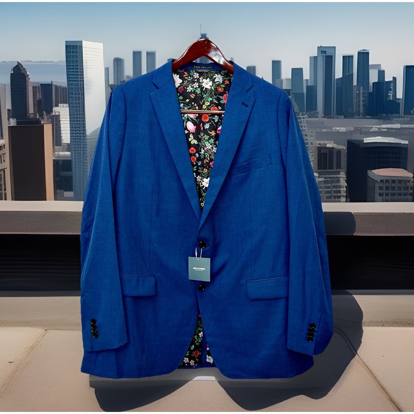 NWT Indochino Custom Blue/Floral Men Sport Coat Blazer Jacket Wool/Silk Size 46R