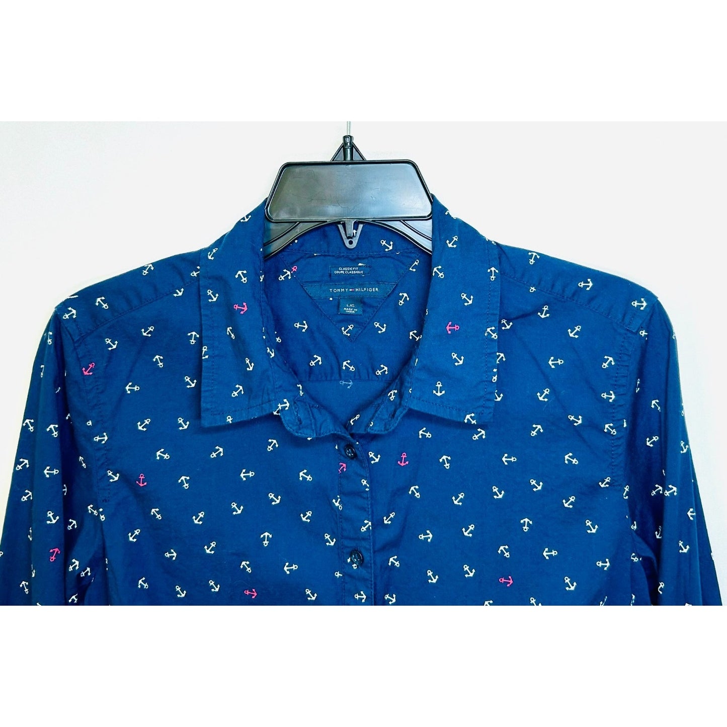 Tommy Hilfiger Women's Large Blue Button Up Shirt Anchor Print Top Long Sleeve