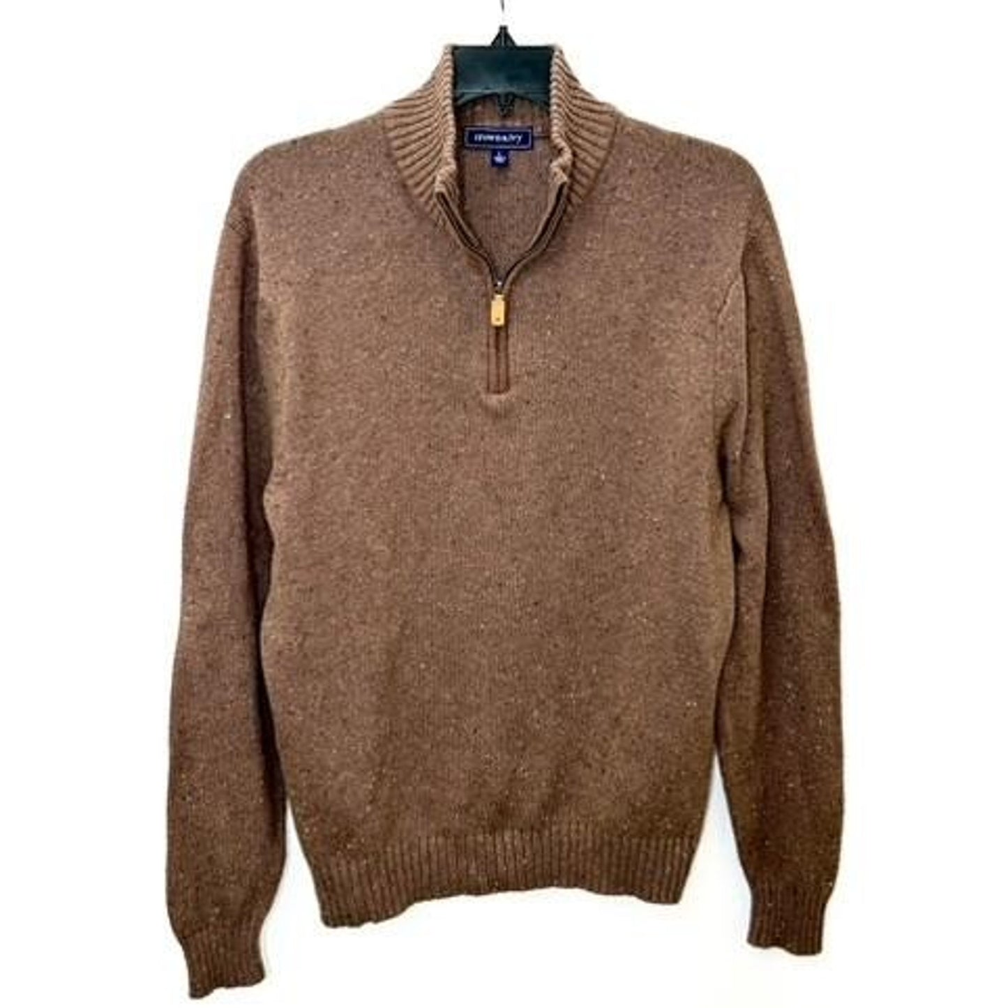 Crown & Ivy Mens Large Brown Tweed Knit 1/4 Zip Pullover Sweater Cotton Blend
