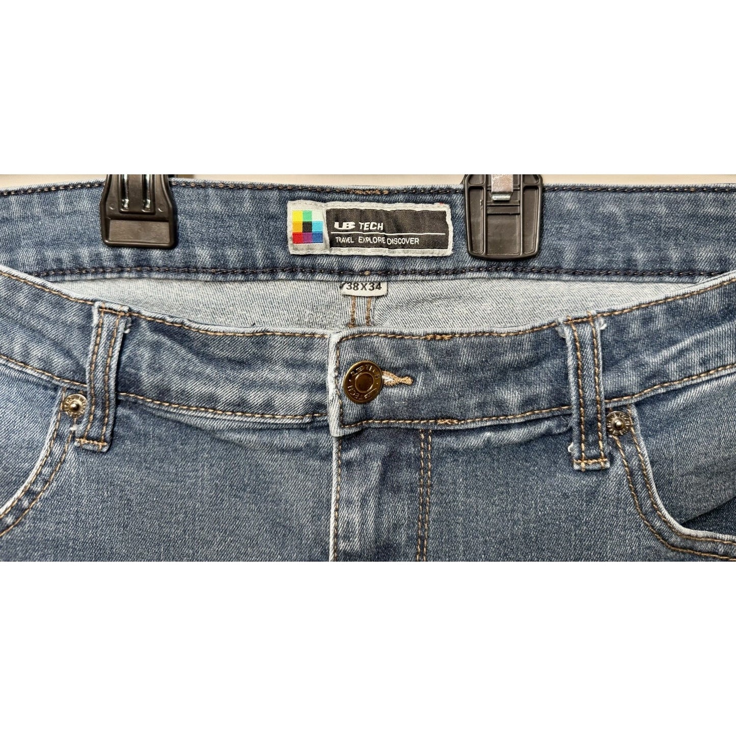 UB Tech Jeans Mens Travel Explore Discover Straight Stretch Denim Blue 38x32