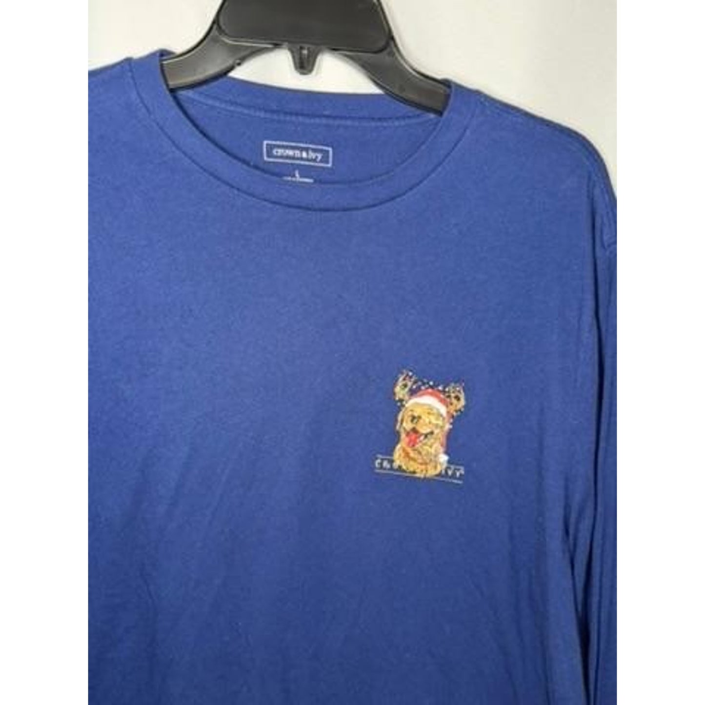 Crown & Ivy Christmas Golden Retriever Long Sleeve T-Shirt Mens Large Blue Dog