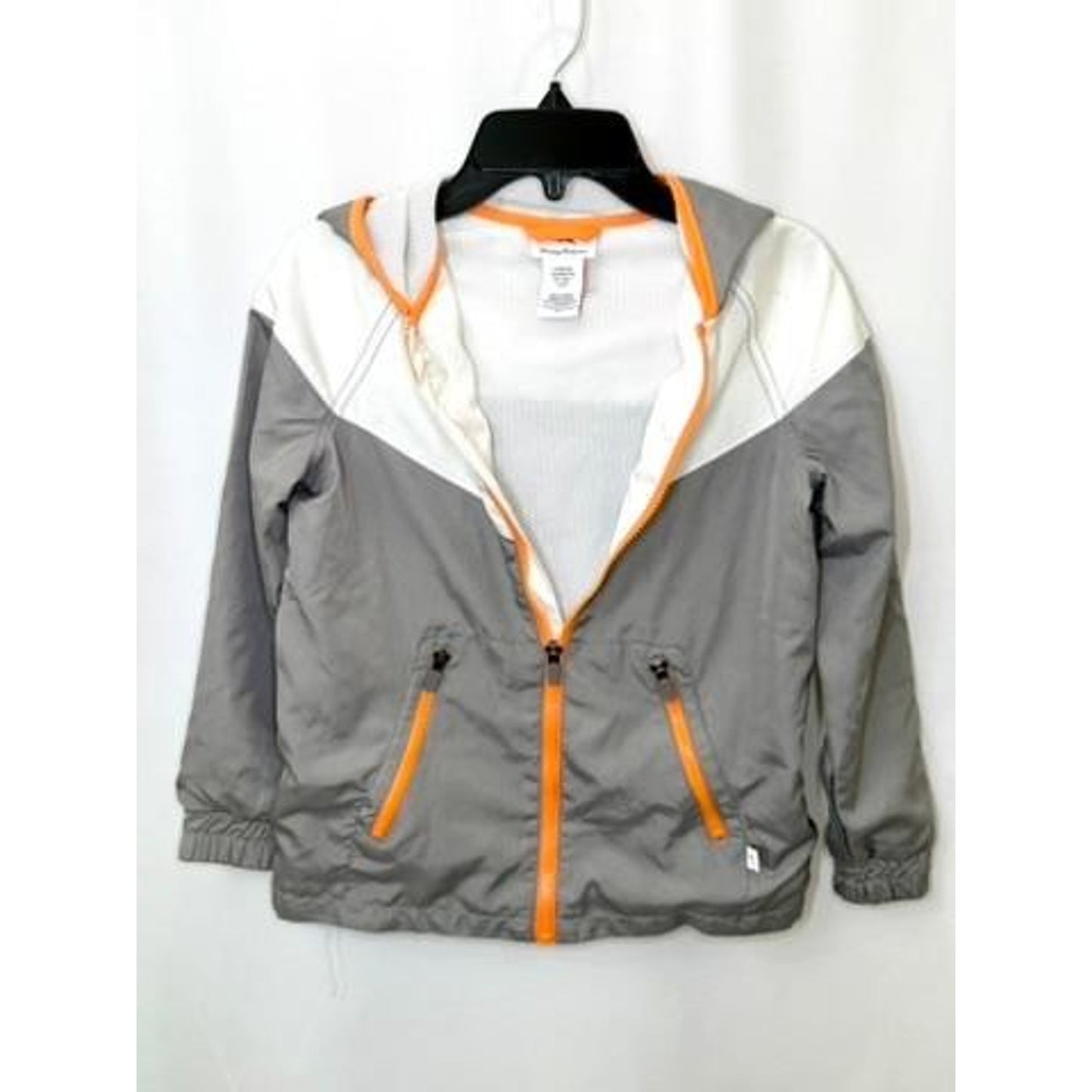 Tommy Bahama Boys Hooded Windbreaker Jacket Size M 7-8 Gray White Orange Zip