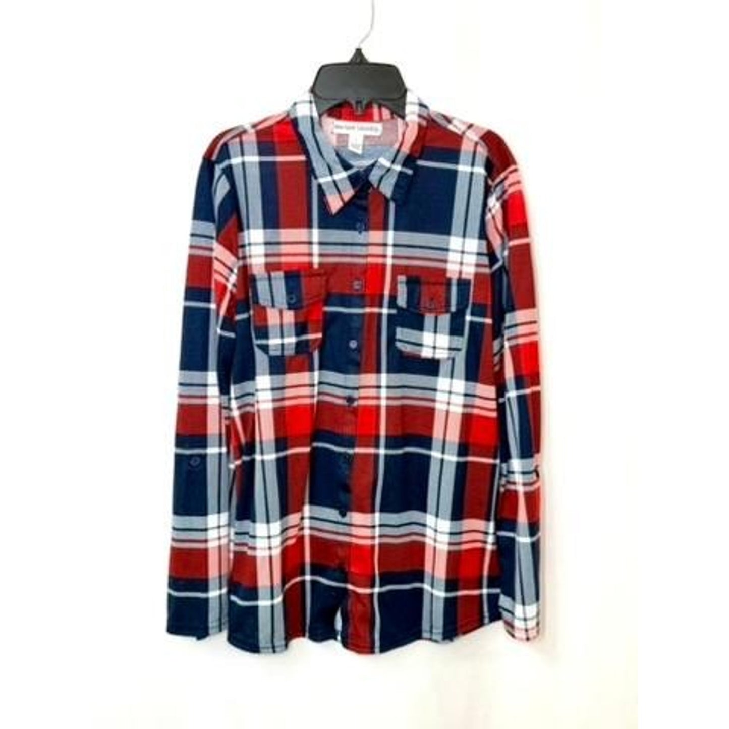 New York Laundry Plaid Button Up Shirt Womens Large Red Blue Roll Tab Sleeve