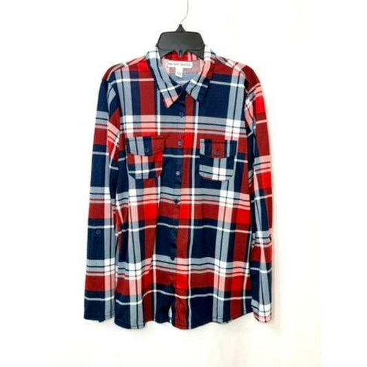 New York Laundry Plaid Button Up Shirt Womens Large Red Blue Roll Tab Sleeve